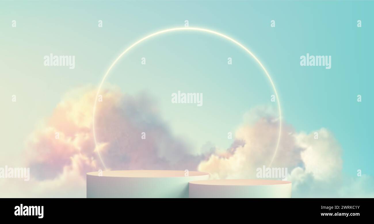 Transparent fluffy clouds form a realistic product podium stage, set against a soft pastel color background Stock Vector