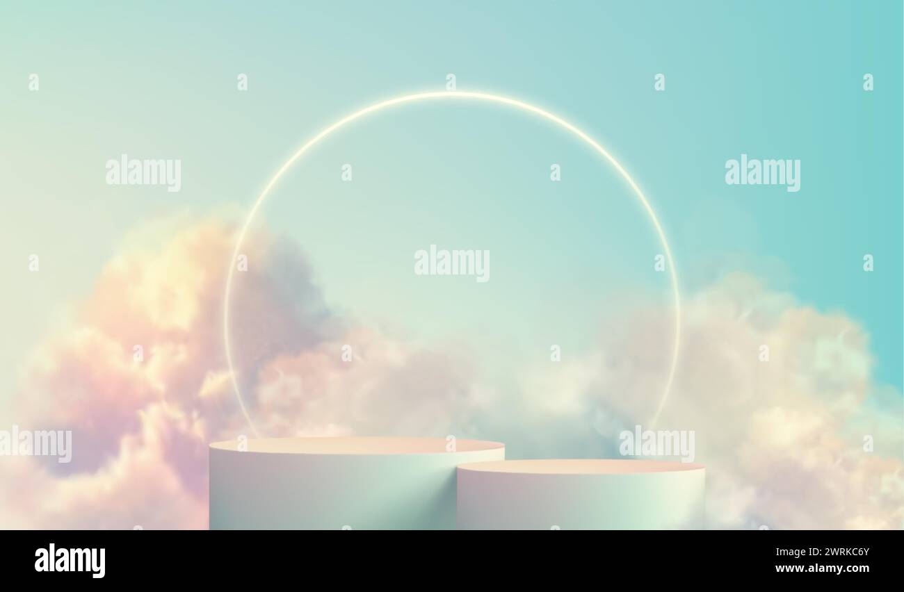 Transparent fluffy clouds form a realistic product podium stage, set against a soft pastel color background Stock Vector