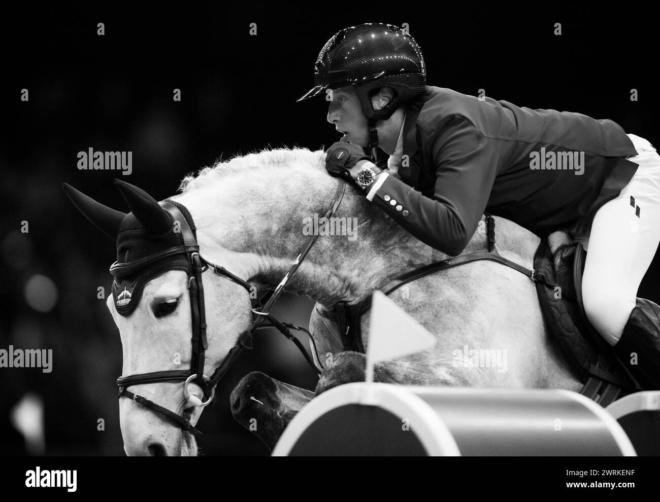 DenBosch, Netherlands - March 8, 2024. Martin Fuchs of Switzerland riding Coromont competes in the 1.45m speed class at the 2024 Rolex Dutch Masters. Stock Photo
