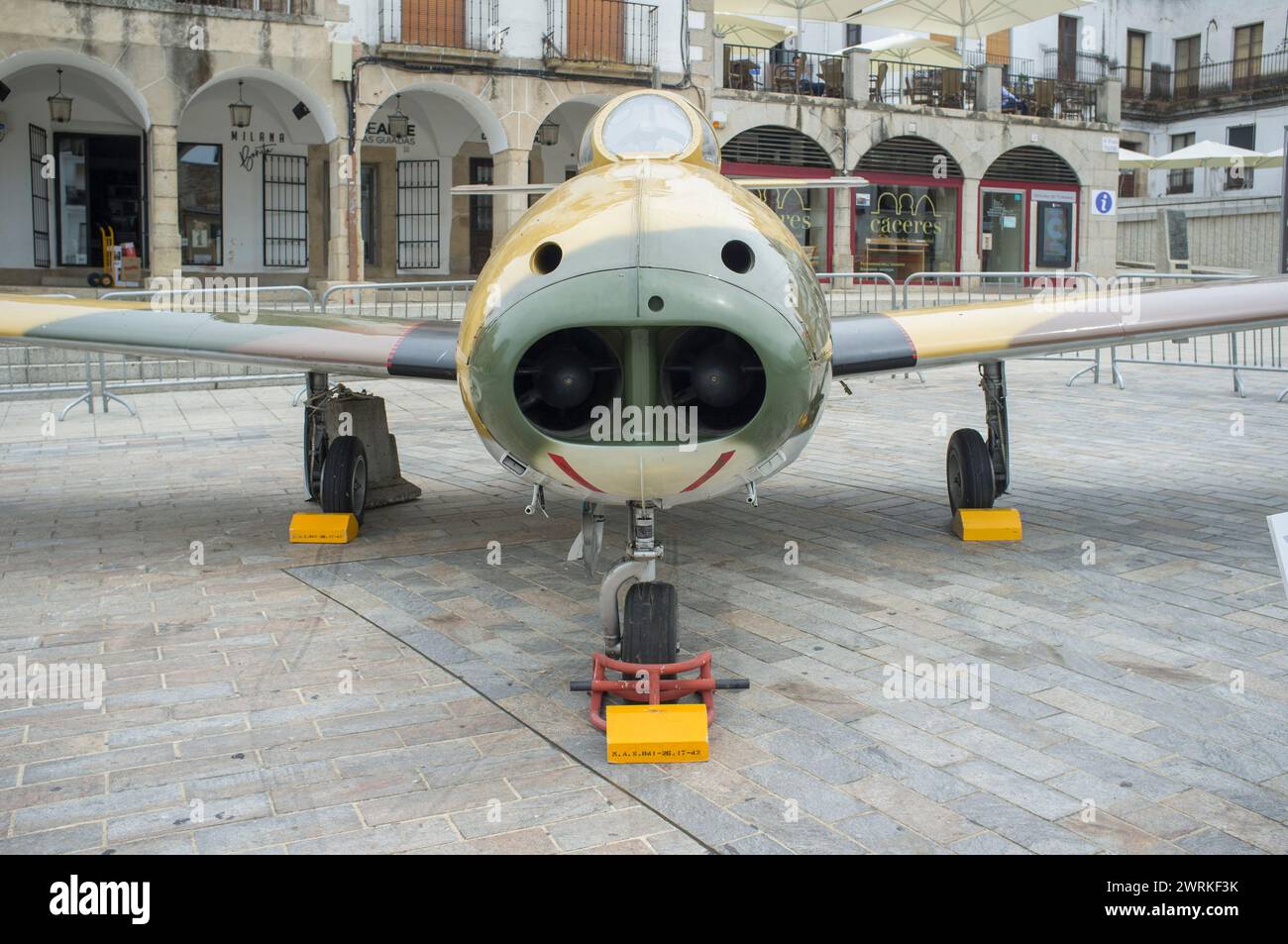 Caceres, Spain - May 27th, 2021: Hispano HA-200 Saeta. Spanish military aviation exhibition, Caceres Main Square, Spain Stock Photo