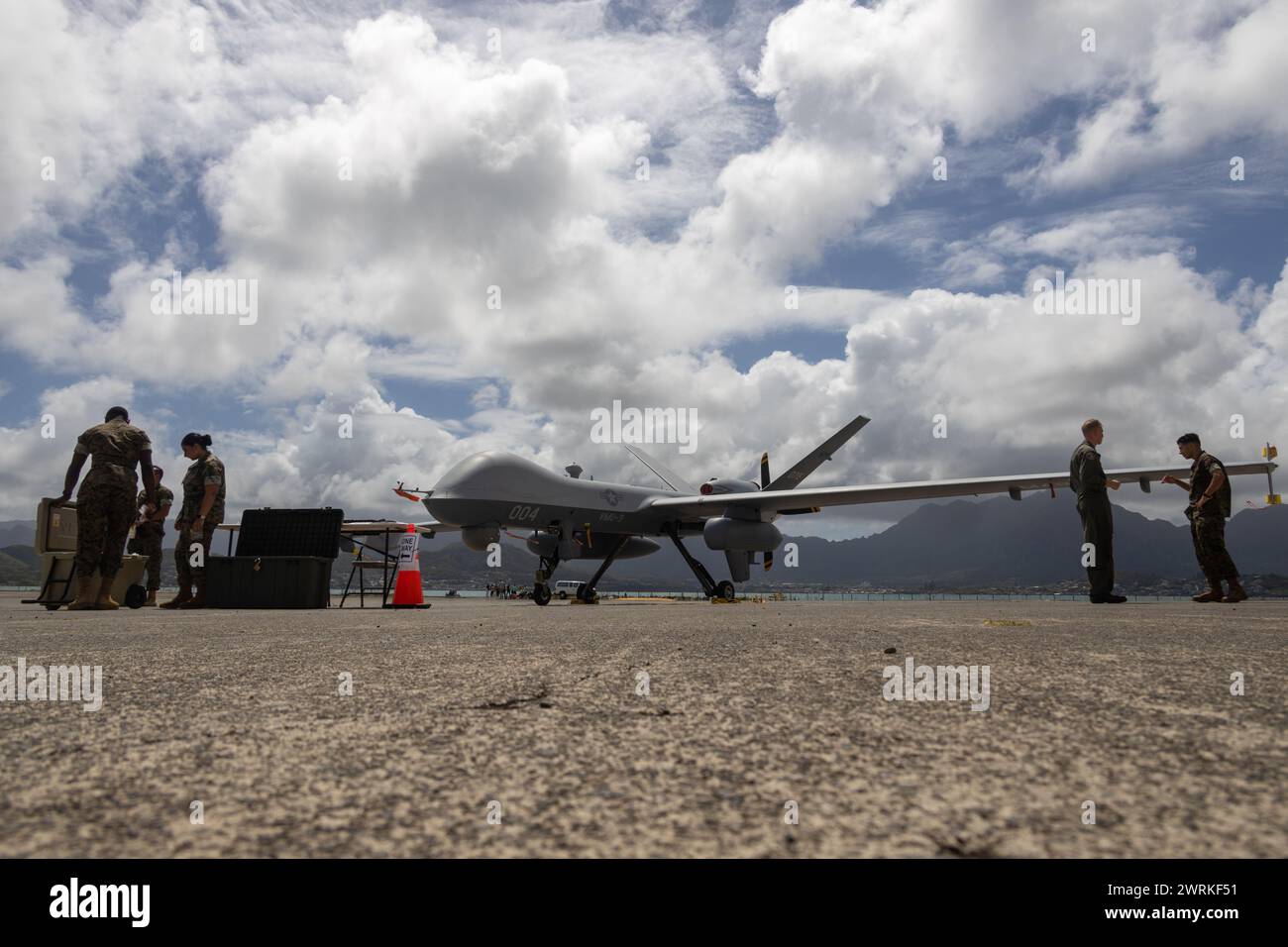 A U.S. Marine Corps MQ-9A MUX/MALE assigned to Marine Unmanned Aerial Vehicle Squadron 3, Marine Aircraft Group 24, 1st Marine Aircraft Wing Stock Photo