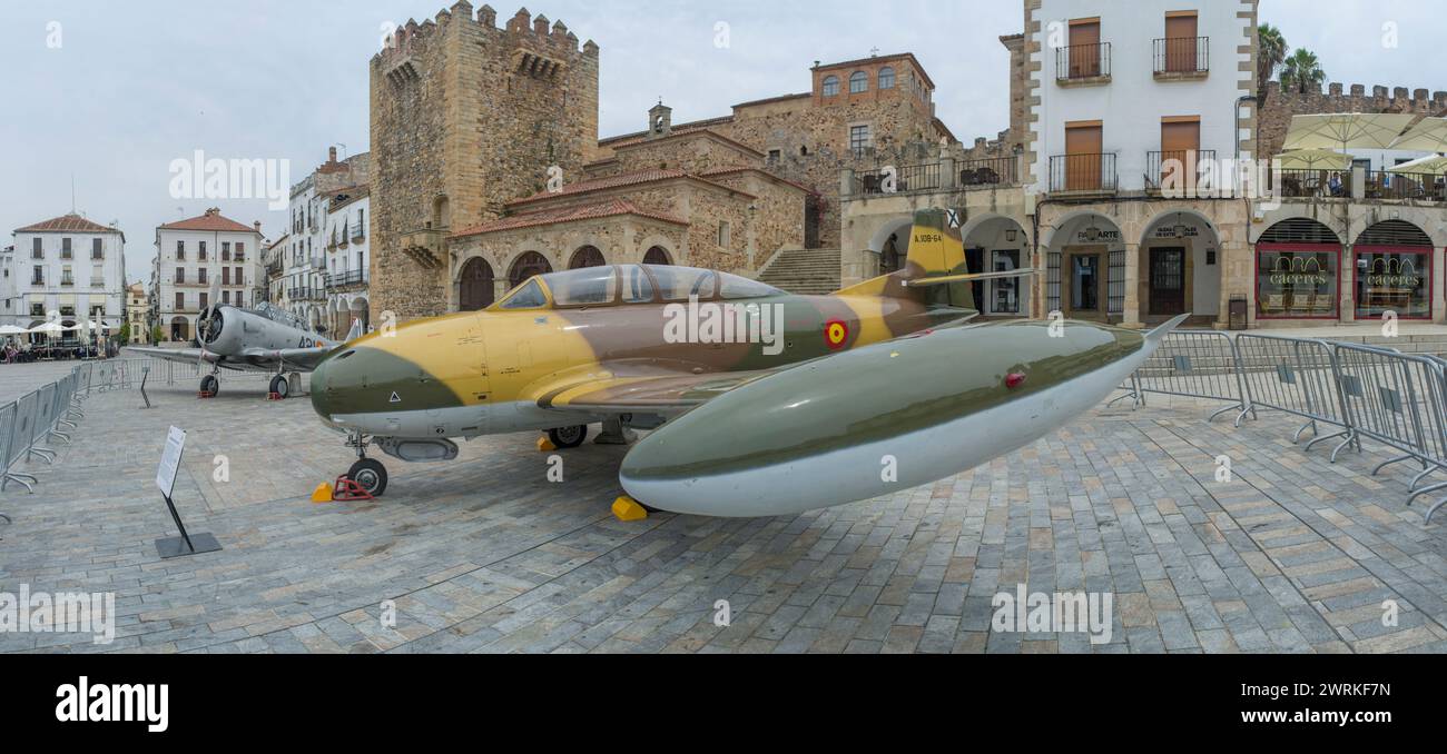 Caceres, Spain - May 27th, 2021: Spanish military aviation exhibition. Caceres main square, Spain Stock Photo