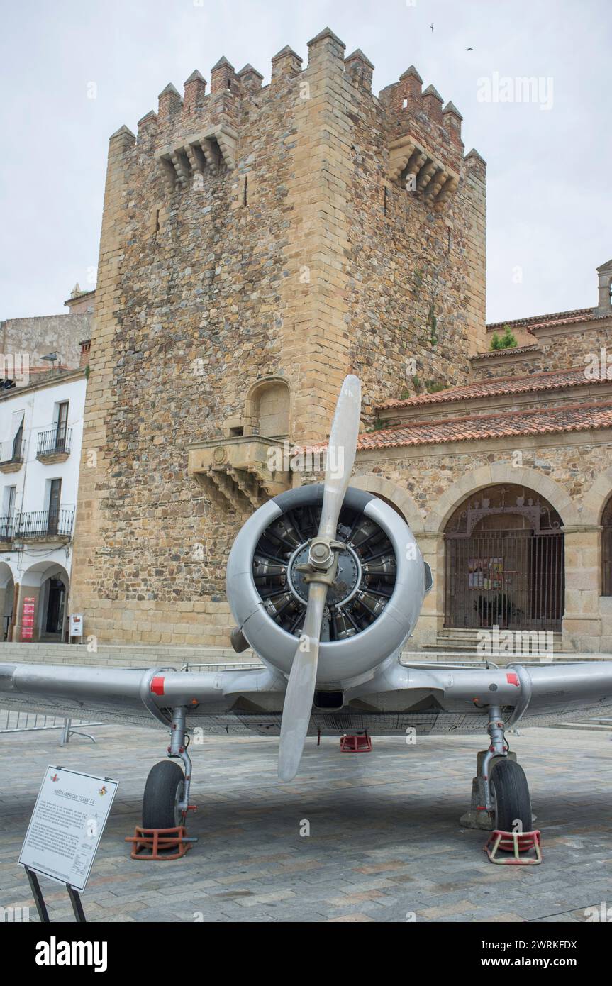 Caceres, Spain - May 27th, 2021: North American Aviation T-6 Texan. Spanish military aviation exhibition. Caceres main square, Spain Stock Photo