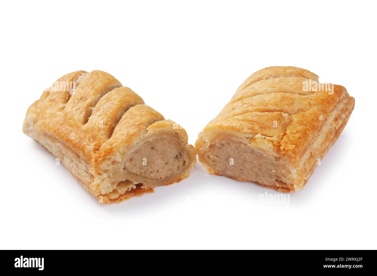 Studio shot of a traditional sausage roll cut out against a white background - John Gollop Stock Photo