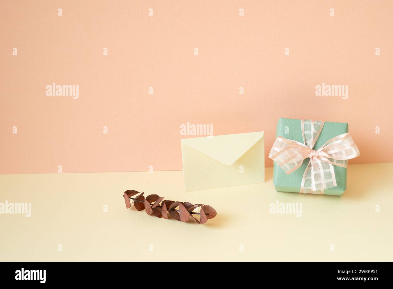 Green gift box, envelope, eucalyptus leaf on ivory table. pink wall background Stock Photo