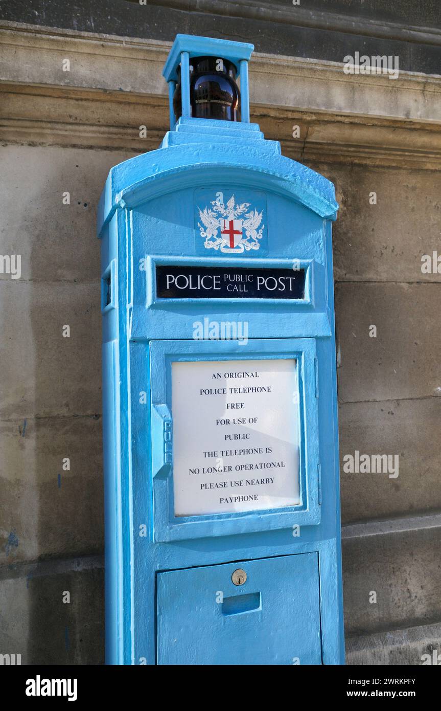 Original blue PA3 Police public call post / Police public call box, City of London, UK.  Historically used by police or for public contacting police. Stock Photo