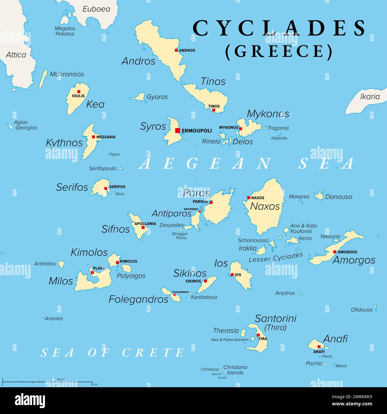 Cyclades, group of Greek islands in the Aegean Sea, political map. Southeast of mainland Greece. Stock Photo