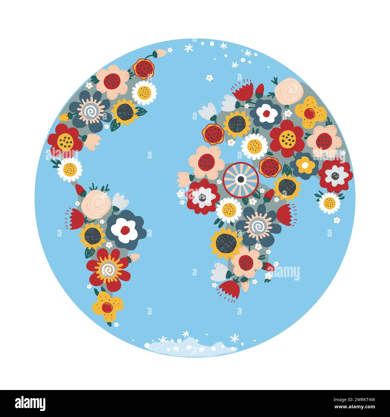 Globe with flowers at continents in cartoon doodle style. World Earth Day. Vector illustration, card, banner, poster, or placard template. April 22 Stock Vector