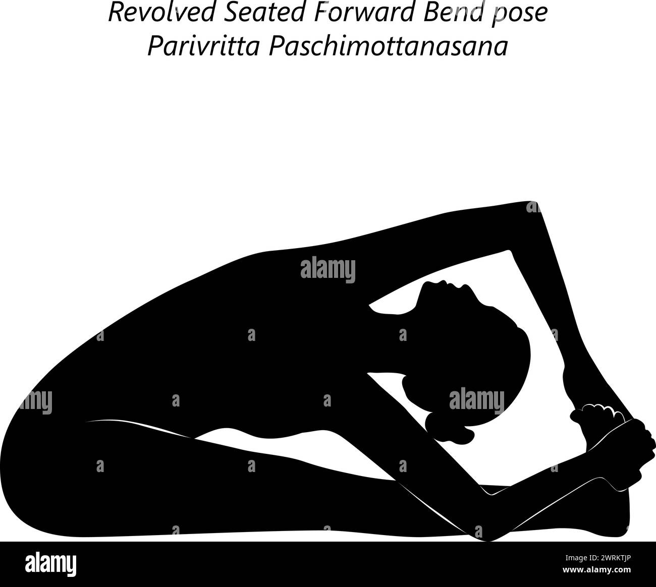 Silhouette of woman doing yoga Parivritta Paschimottanasana. Revolved Seated Forward Bend pose. Intermediate Difficulty. Isolated vector illustration Stock Vector