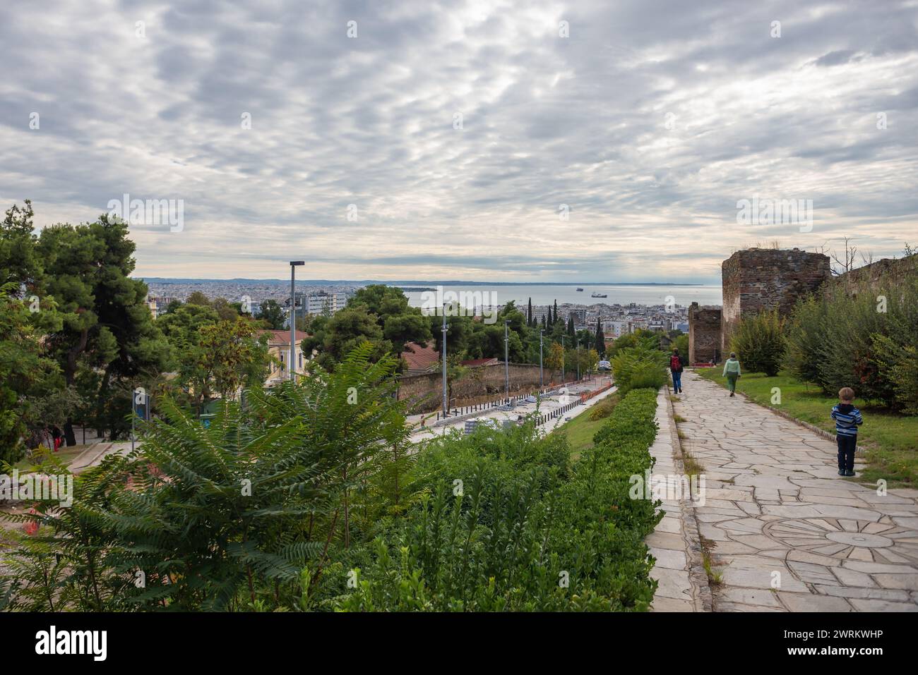 Eastern part of Walls of Thessaloniki, remains of Byzantine walls surrounding city of Thessaloniki during the Middle Ages, Greece Stock Photo