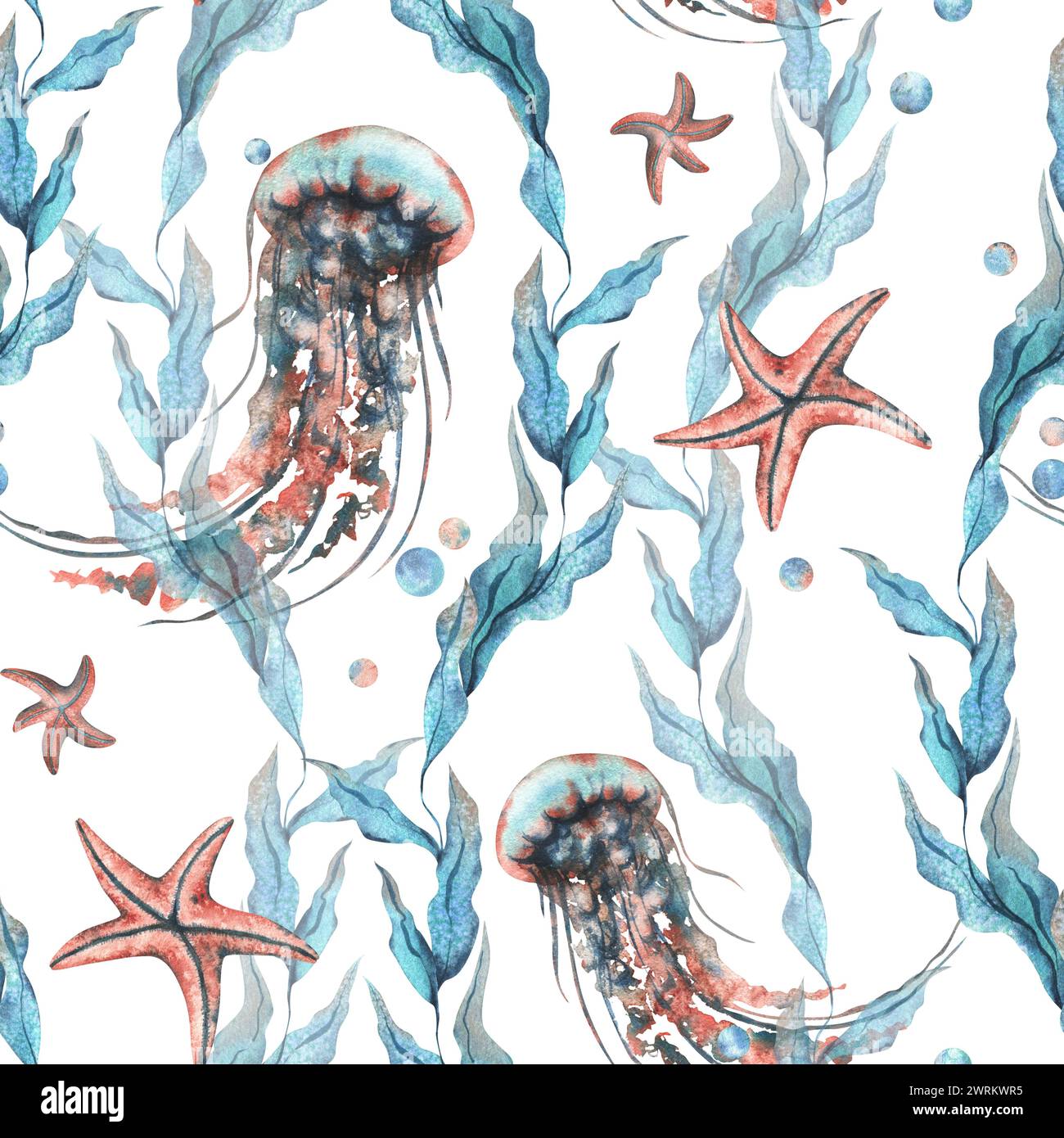 Underwater world clipart with sea animals jellyfish, starfish, bubbles ...