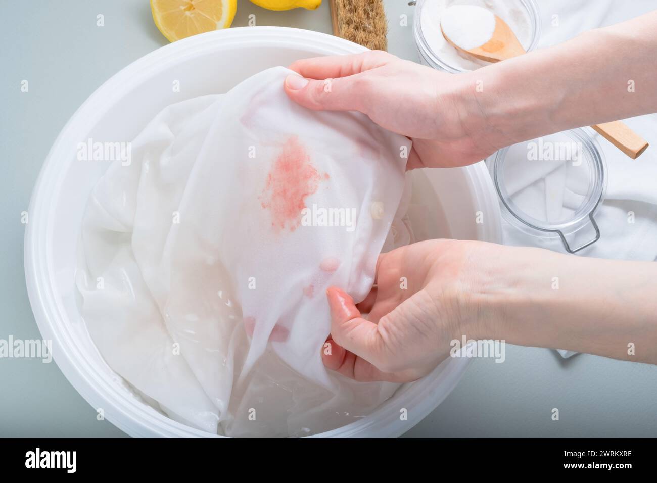 Homemade ecofriendly removing of stains on clothes with baking soda