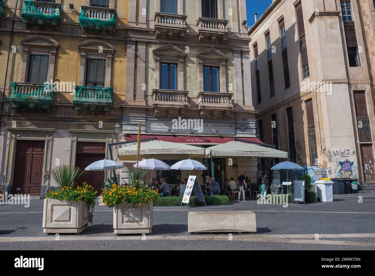 Cafeteria on Vincenzo Bellini Square in historic part of Catania city on the island of Sicily, Italy Stock Photo