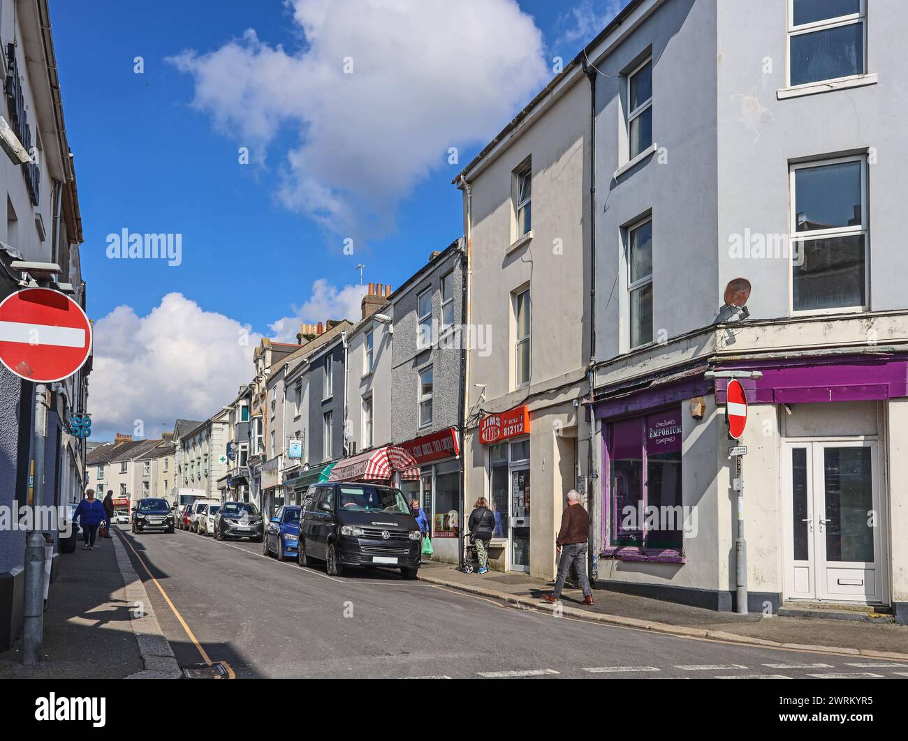 Shops at Fore Street, Torpoint in south east Cornwall. Offering a local range of retail and services on the Rame Peninsula. Stock Photo