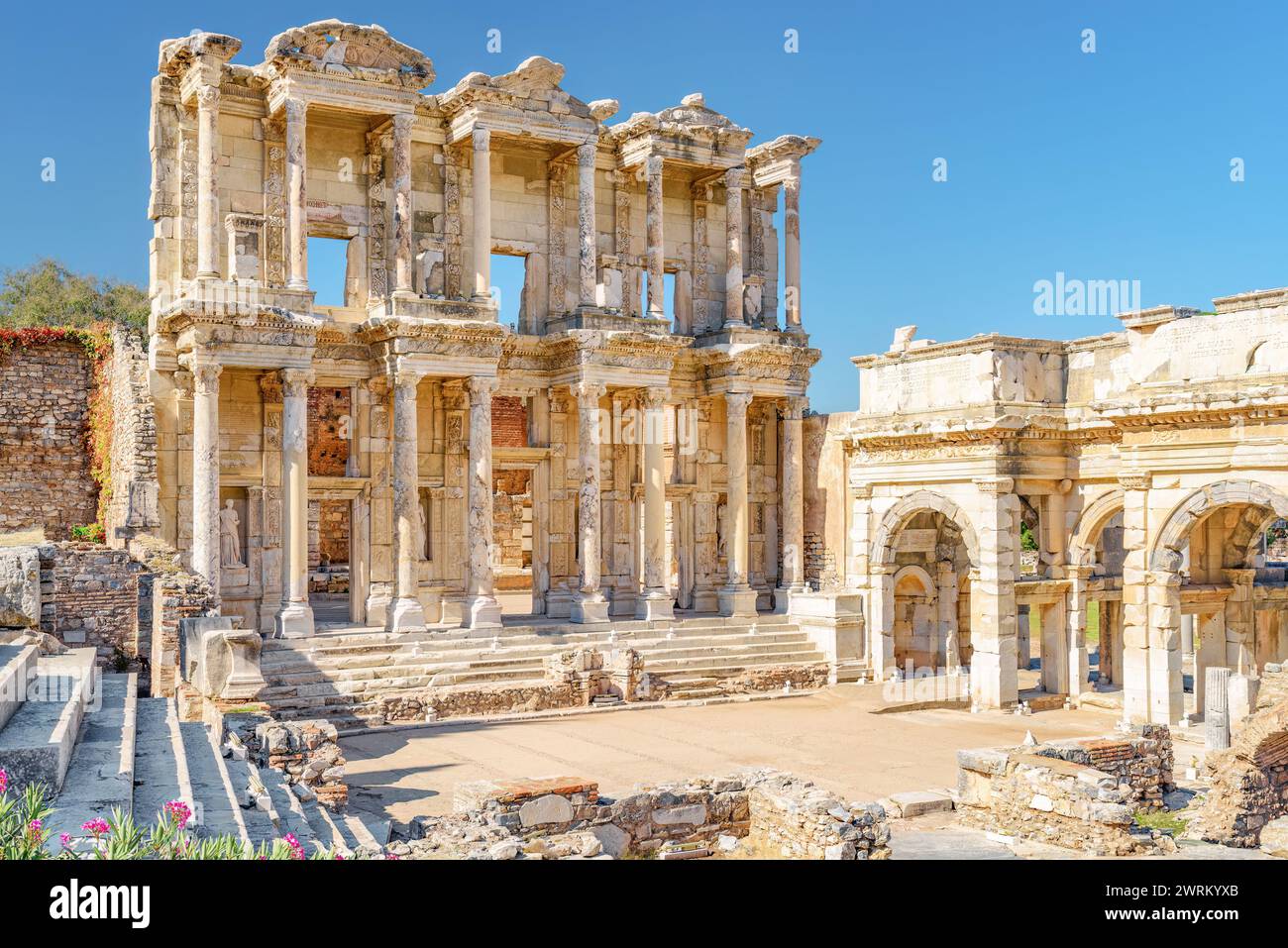 Selcuk, Turkey; March 13, 2024 - A view of the Greek ruins of Ephesus in Turkey showing the Gate of Augustus and Library of Celsus. Stock Photo