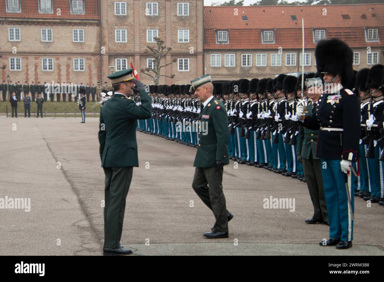 King Frederik X of Denmark inspects the The Royal Life Guard at Rosenborg Barracks in Copenhagen. The watch is given to a member of the Guard who has distinguished themselves especially both socially and in their work. The soldiers elect the best among them for this occasion to receive the King s Watch Kongens Ur from the King, on Wednesday, March 13, 2024 Copenhagen Rosenborg Barracks Denmark Copyright: xKristianxTuxenxLadegaardxBergx IMG 4554 Stock Photo