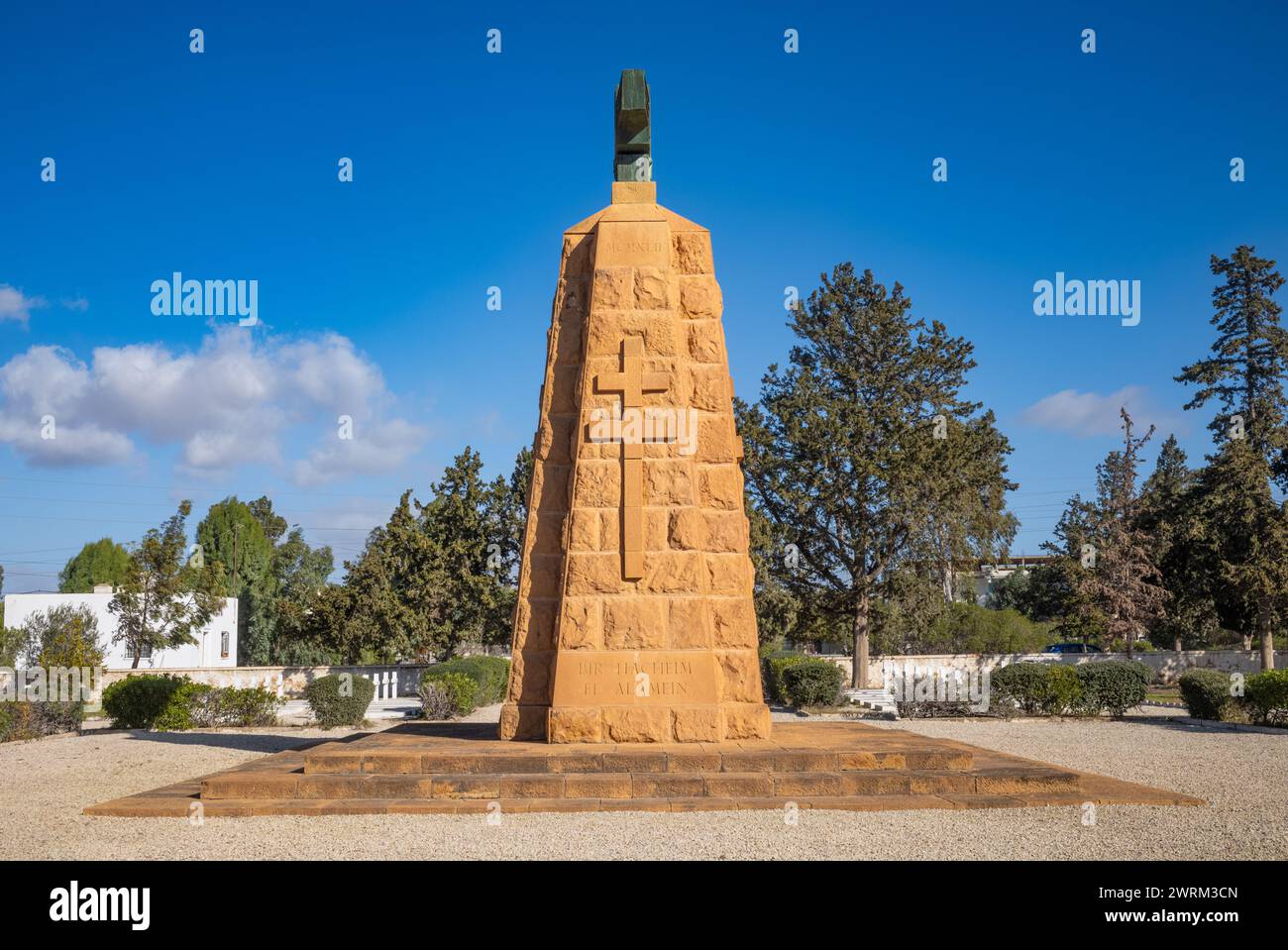 Side view of the main obelisk memorial at the WW2 French Military Cemetery in Takrouna, Tunisia. Stock Photo