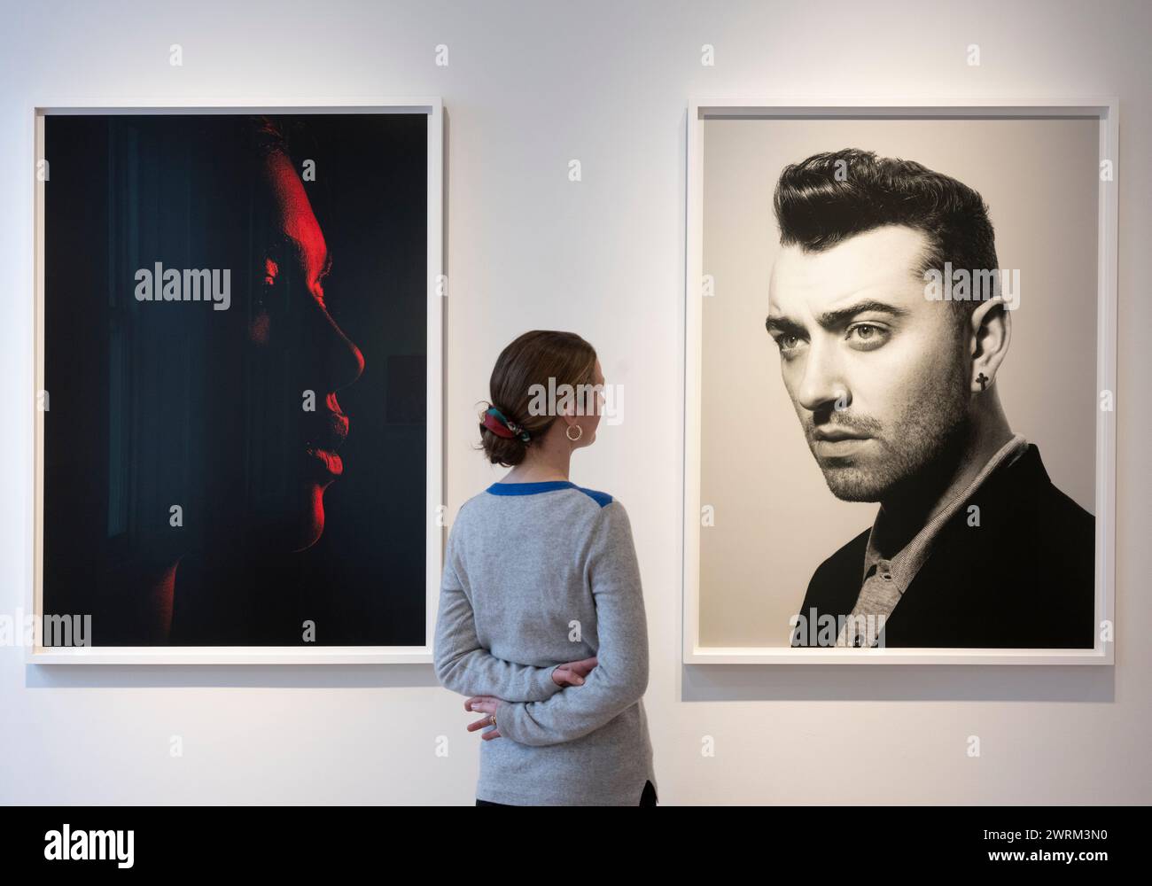 Cromwell Place London, UK. 13th Mar, 2024. An exhibition of photographs by British photographer Rankin: Sound Off, Musicians 1990-2023 by Tin Man Art. Image (l to r): Dua Lipa: Profile, 2016: Sam Smith: Spectre, 2015. Credit: Malcolm Park/Alamy Live News Stock Photo