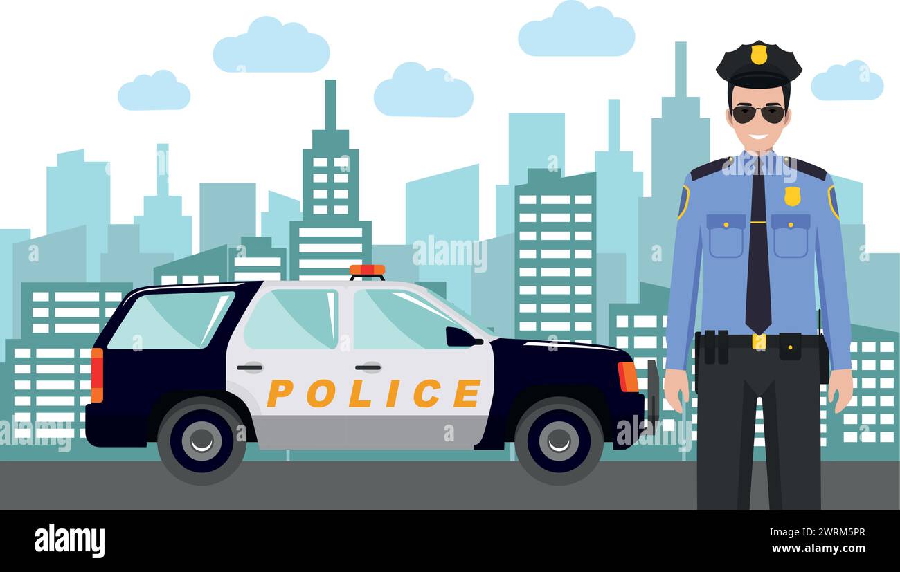 Young Cute Smiling Standing Policeman Officer in Uniform with Police Car and Modern Cityscape in Flat Style. Stock Vector