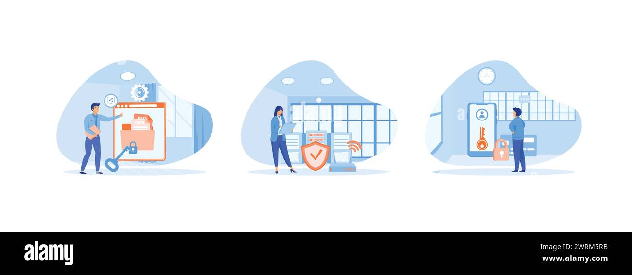 Characters using Security Services to Protect Personal Data, performs Cloud Shared Documents security, Server Security and Data Protection. Cyber secu Stock Vector