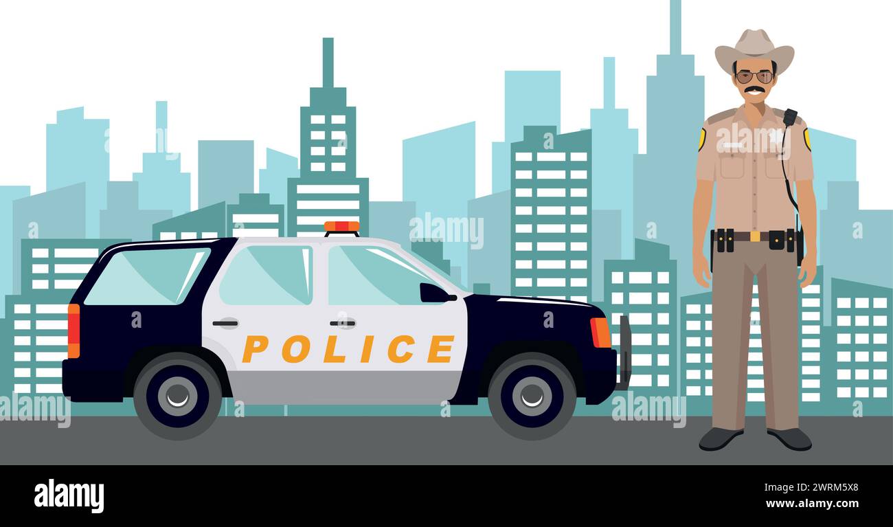 Young Cute Smiling Standing Policeman Sheriff Officer in Uniform with Police Car and Modern Cityscape in Flat Style. Stock Vector