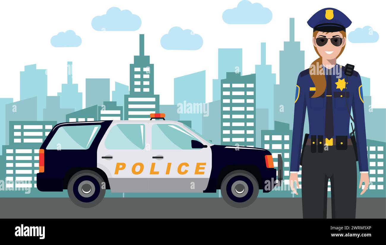 Young Cute Smiling Standing Policewoman Officer in Uniform with Police Car and Modern Cityscape in Flat Style. Stock Vector