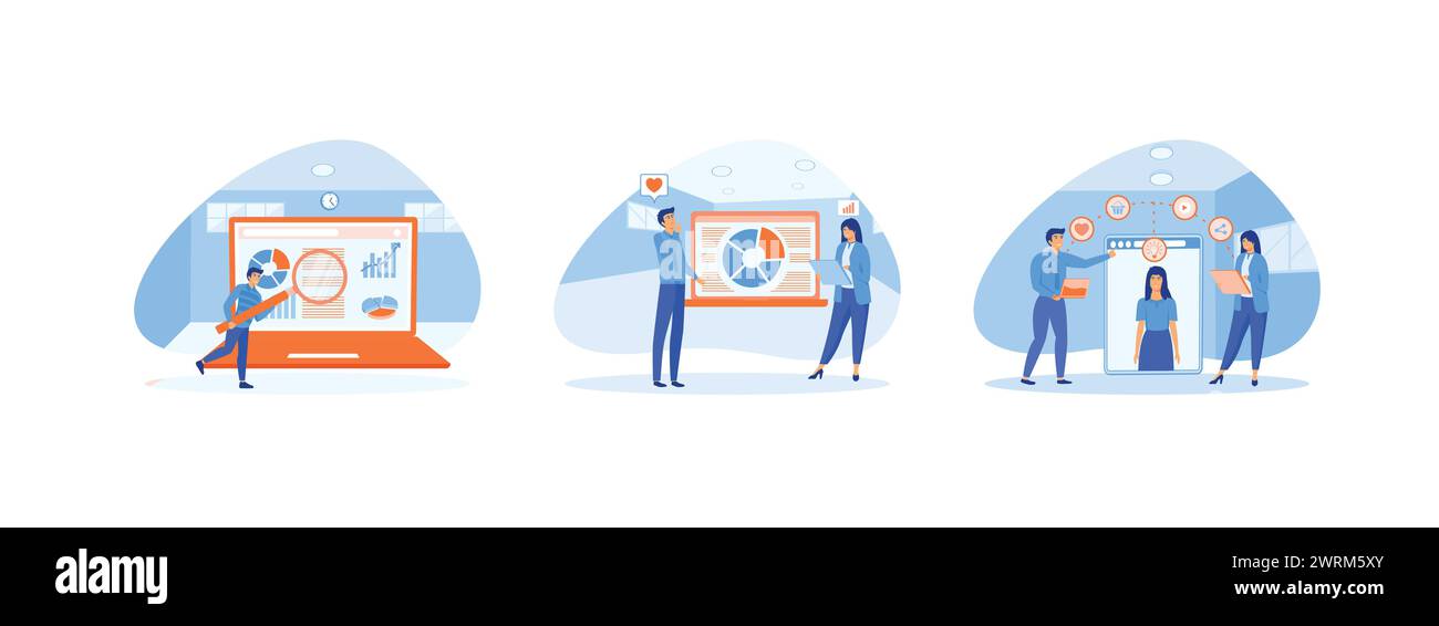 Business strategy composition with marketing research description and isometric, business strategy development competitor, Customer shopping in online Stock Vector
