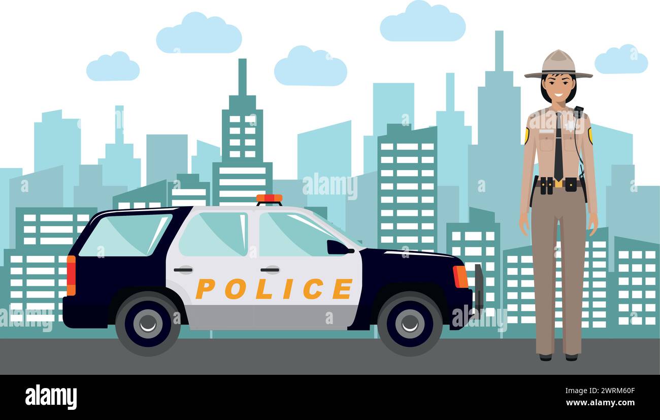 Young Cute Smiling Standing Policewoman Sheriff Officer in Uniform with Police Car and Modern Cityscape in Flat Style. Stock Vector