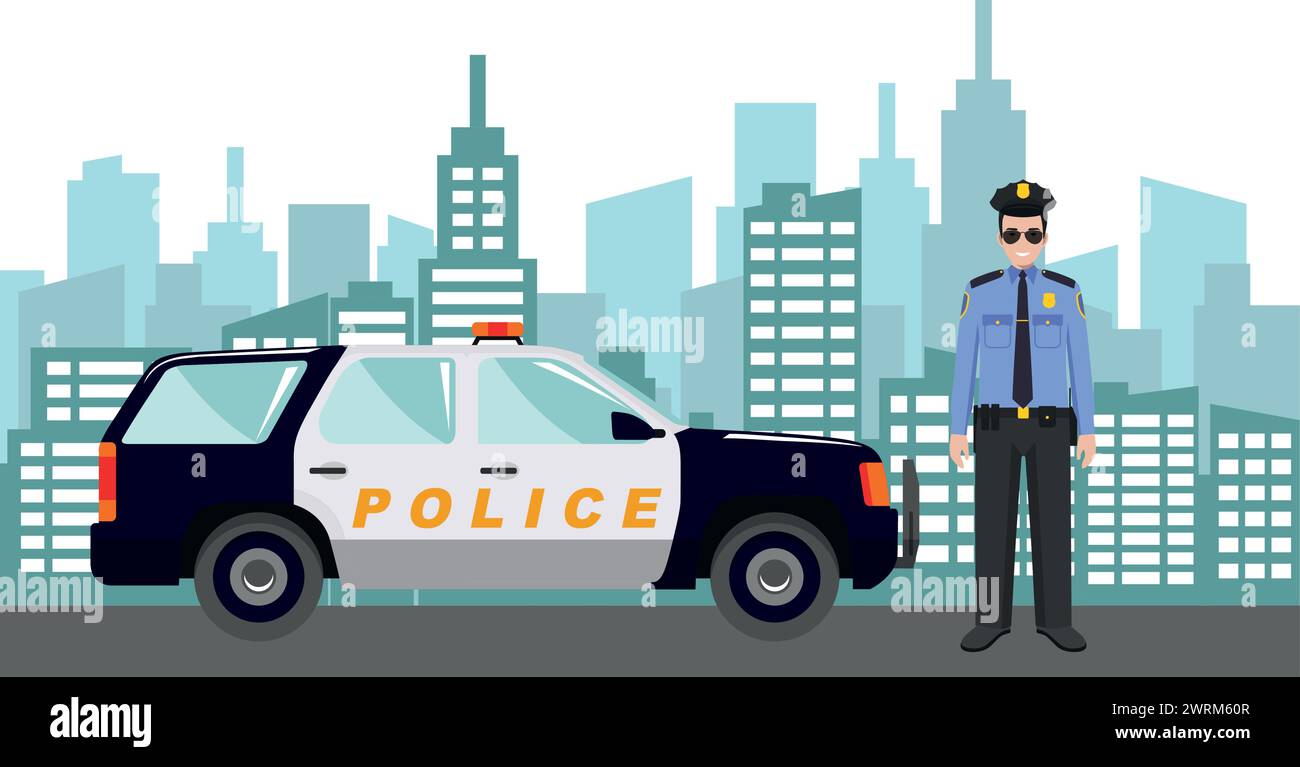 Young Cute Smiling Standing Policeman Officer in Uniform with Police Car and Modern Cityscape in Flat Style. Stock Vector