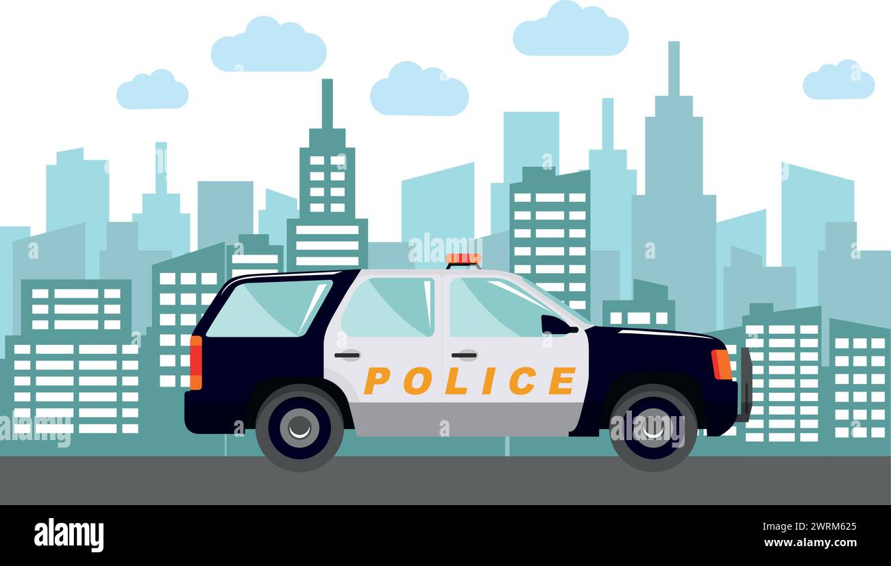 Police Car on Modern Cityscape Background in Flat Style. Stock Vector