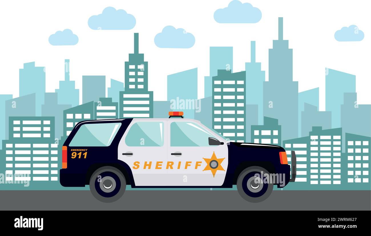 Police Car on Modern Cityscape Background in Flat Style. Stock Vector