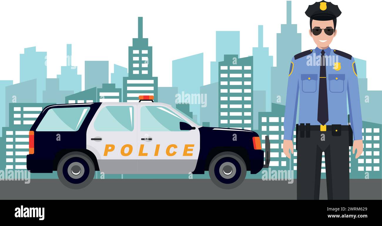 Young Cute Smiling Standing Policeman Officer in Uniform with Police Car and Modern Cityscape in Flat Style. Stock Vector