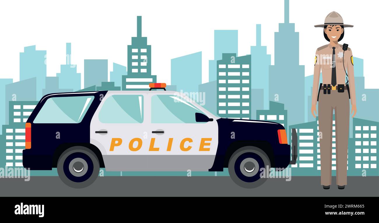 Young Cute Smiling Standing Policewoman Sheriff Officer in Uniform with Police Car and Modern Cityscape in Flat Style. Stock Vector