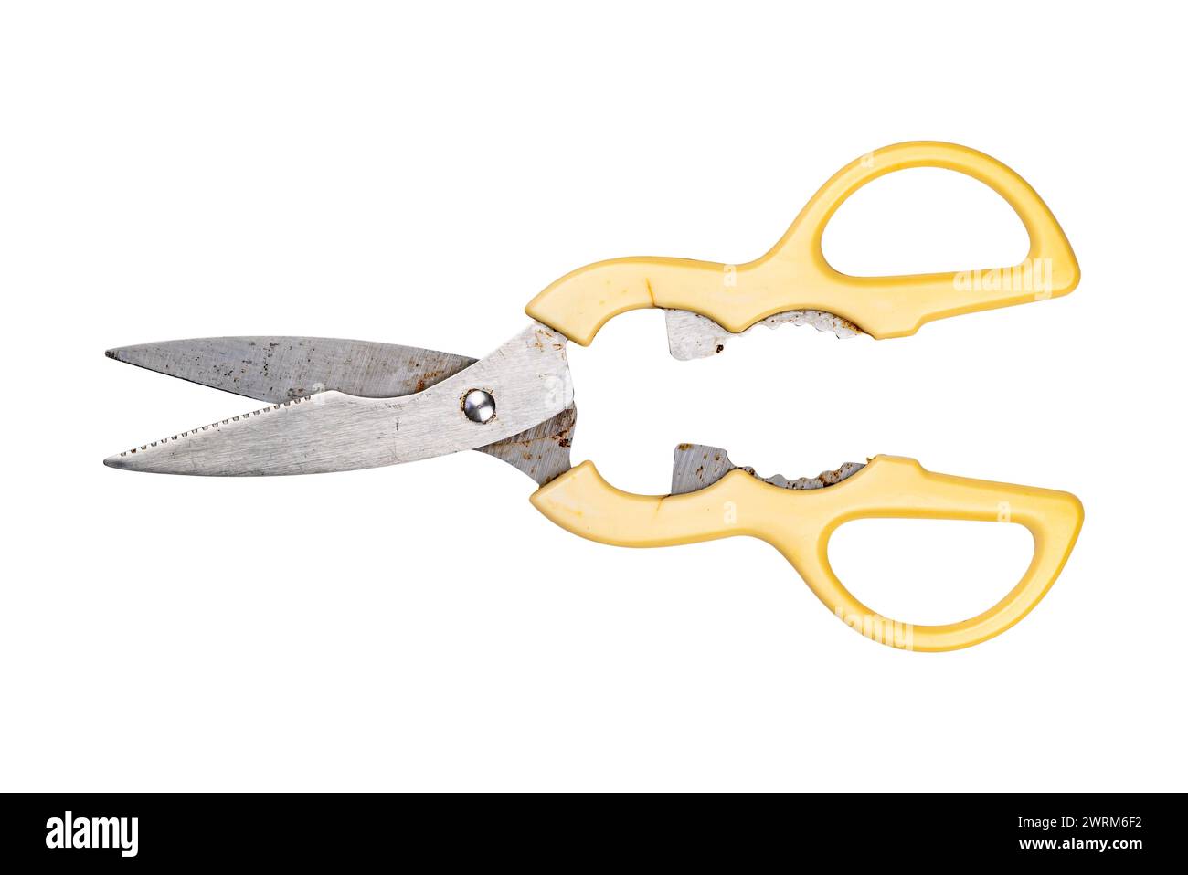 Top view a pair of old heavy duty metal with yellow plastic handle kitchen shears or scissors isolated on white background with clipping path. Stock Photo