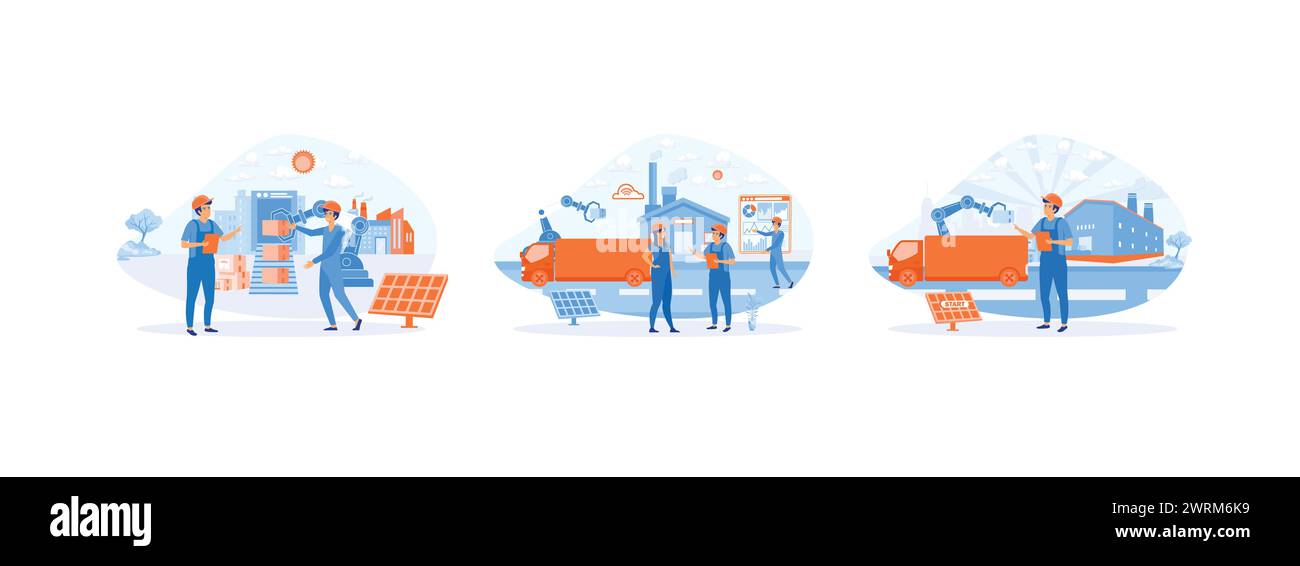 Smart industry.Smart Factories. Engineer working with interactive interface. Smart industry set flat vector modern illustration Stock Vector