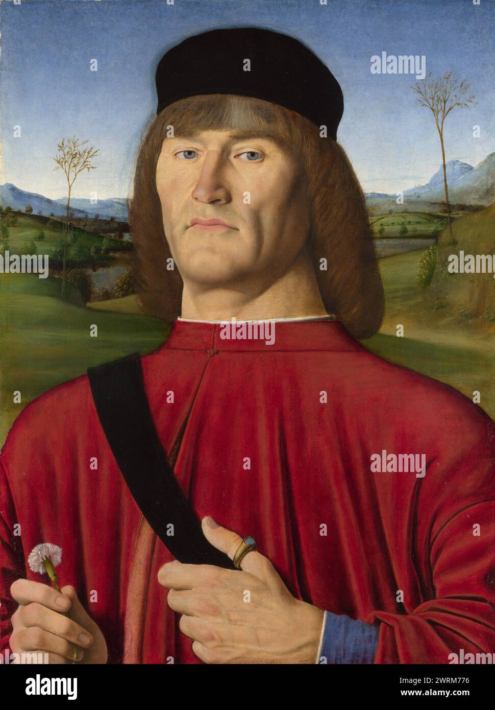 Man with a Pink Carnation, c. 1495 - Oil & egg tempera on poplar; H. 50 cm, W. 39 cm, National Gallery of London Andrea Solari Stock Photo