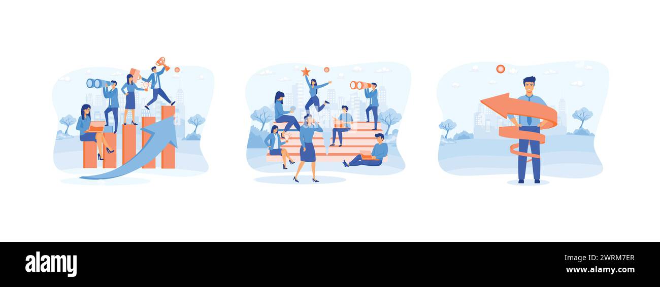 Teamwork help growing revenue, Reaching for career goals and success, increasing career and personal improvement visualization with upward spiral arro Stock Vector
