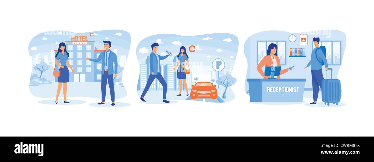 Isolated hotel services set, Hotel valet parking worker gets keys from client's car, Hotel reception workers provide information to people arriving. H Stock Vector