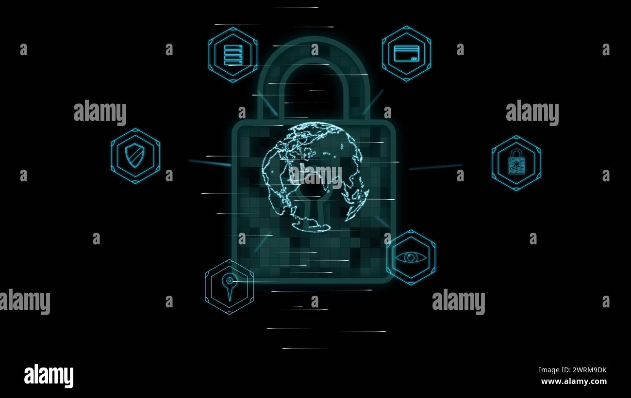 Cg tech collage. AI database protection symbols and digital planet model on a door padlock background on a black background. Stock Photo