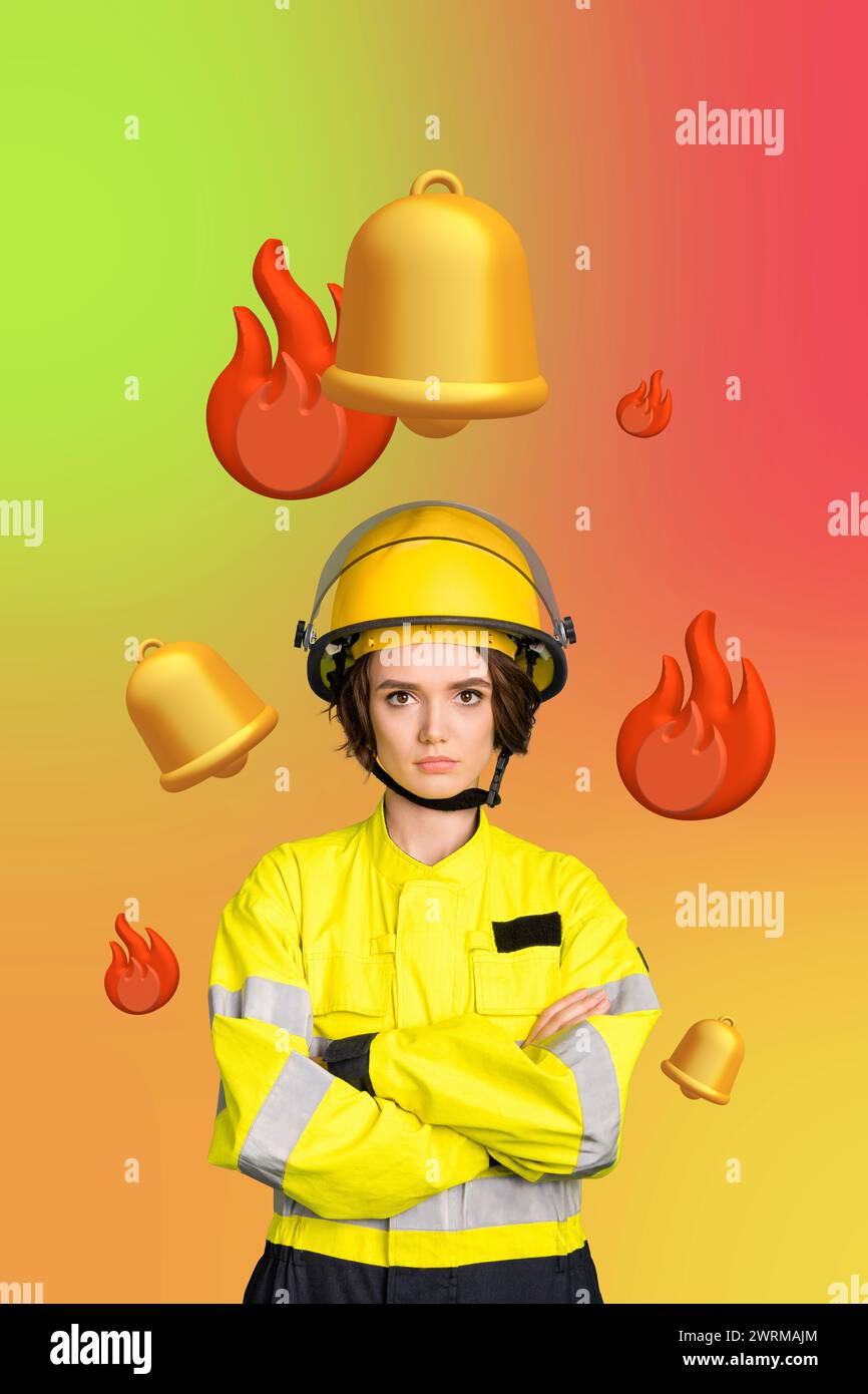 Vertical photo collage standing young girl firewoman life rescuer ...