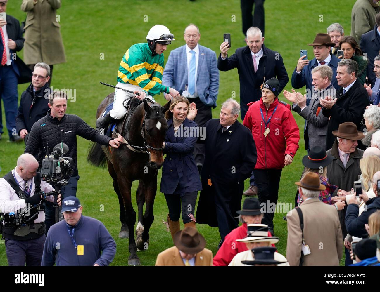 Mark Walsh aboard Fact To File after winning the Gallagher Novices' Hurdle on day two of the 2024 Cheltenham Festival at Cheltenham Racecourse. Picture date: Wednesday March 13, 2024. Stock Photo