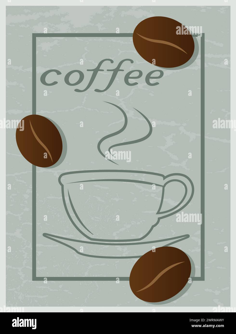 Coffee cup drawn outline with beans vector poster design Stock Vector