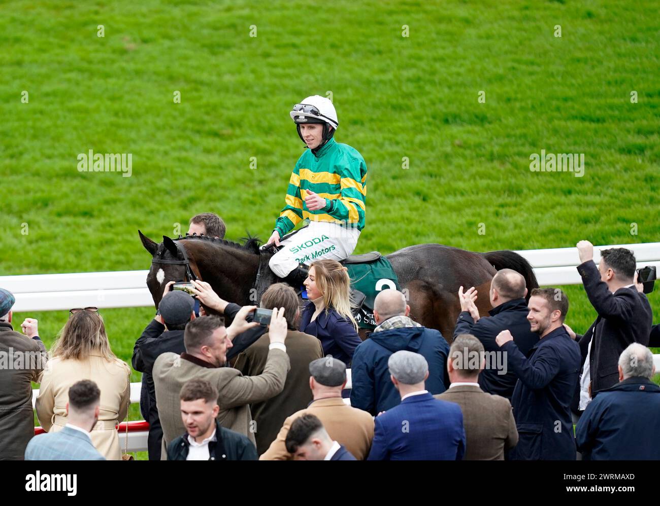 Mark Walsh aboard Fact To File after winning the Gallagher Novices' Hurdle on day two of the 2024 Cheltenham Festival at Cheltenham Racecourse. Picture date: Wednesday March 13, 2024. Stock Photo