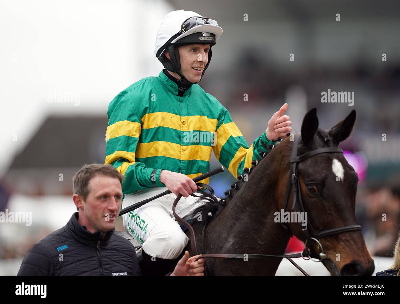 Mark Walsh aboard Fact To File after winning the Gallagher Novices' Hurdle on day two of the 2024 Cheltenham Festival at Cheltenham Racecourse. Picture date: Wednesday March 13, 2024. Stock Photo