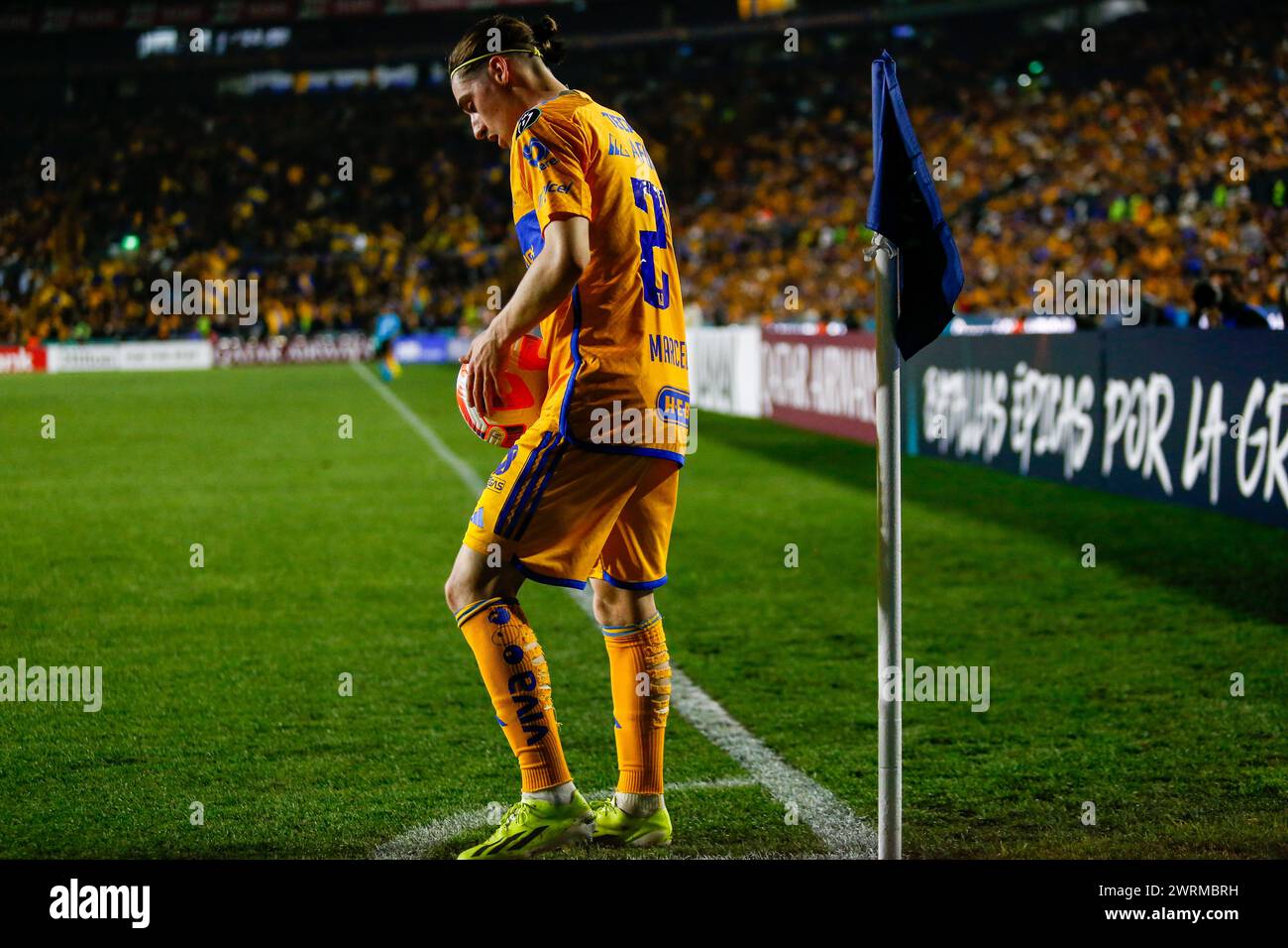 Monterrey, Mexico. 12th Mar, 2024. MONTERREY, MEXICO - MARCH 12TH 2024: CONCACAF Champions Cup second leg round of 16 match between UANL Tigres and Orlando City SC at Estádio Universitário. #24 Midfielder Tigres, Marcelo Flores at the corner flag Mandatory Credit: Toby Tande/PXImages Credit: Px Images/Alamy Live News Stock Photo
