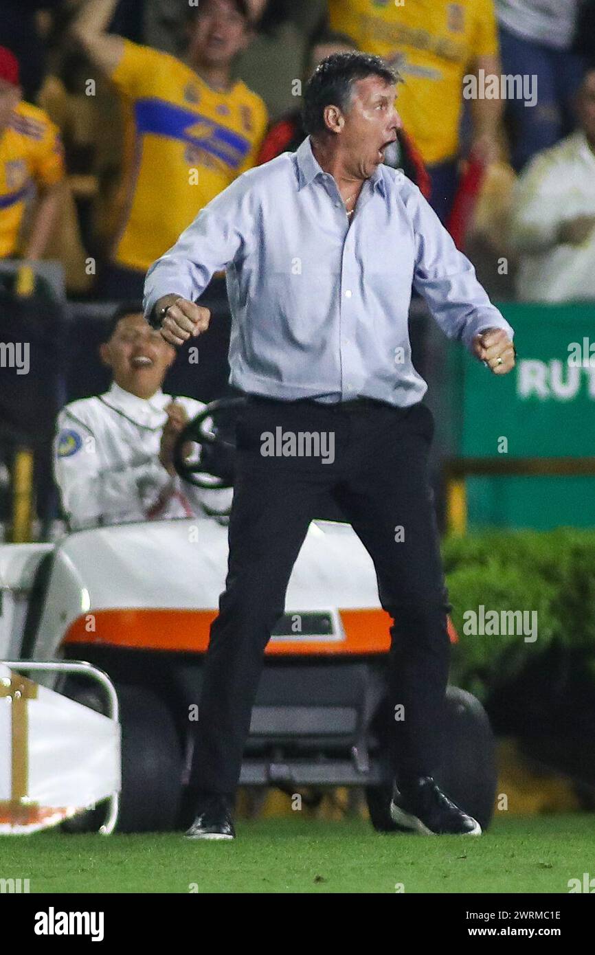 Monterrey, Mexico. 12th Mar, 2024. MONTERREY, MEXICO - MARCH 12TH 2024: CONCACAF Champions Cup second leg round of 16 match between UANL Tigres and Orlando City SC at Estádio Universitário. Tigres Coach Robert Dante Siboldi celebrating the fourth goal Mandatory Credit: Toby Tande/PXImages Credit: Px Images/Alamy Live News Stock Photo