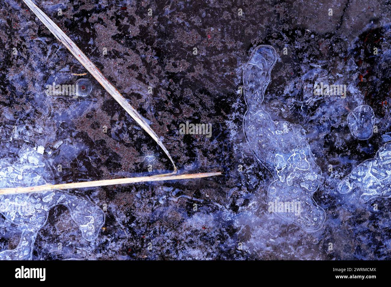 Close-up of intricate frozen water with air bubbles and natural textures Stock Photo