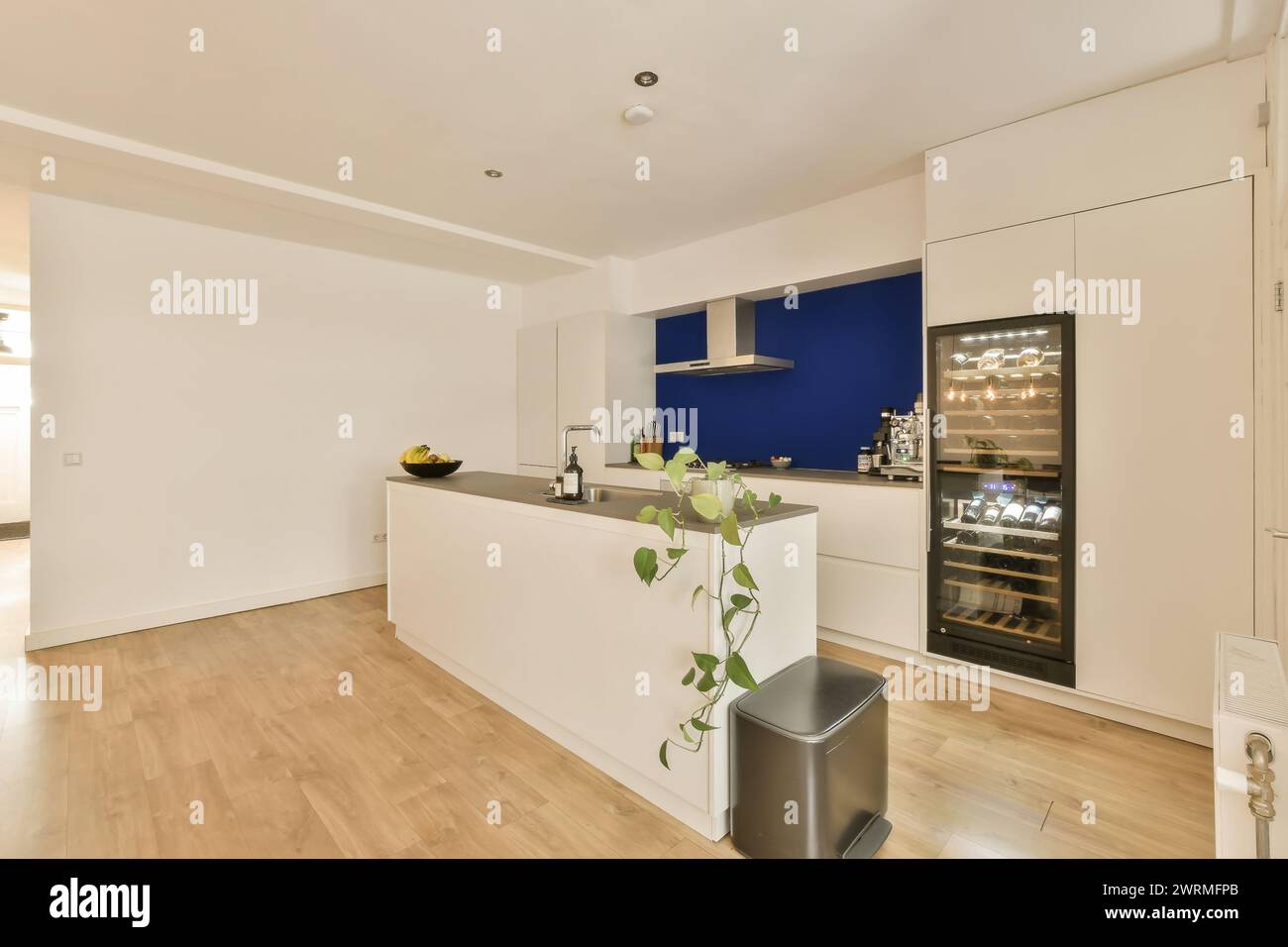 a large white kitchen with a blue accent wall and Stock Photo - Alamy
