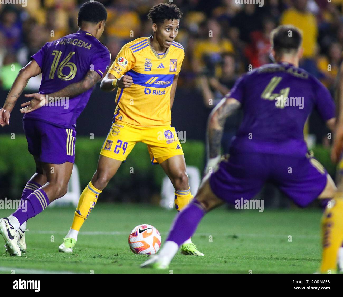 Monterrey, Mexico. 12th Mar, 2024. MONTERREY, MEXICO - MARCH 12TH 2024: CONCACAF Champions Cup second leg round of 16 match between UANL Tigres and Orlando City SC at Estádio Universitário. #29 Attacker Tigres, Ozziel Herrera with the ball in the box Mandatory Credit: Toby Tande/PXImages Credit: Px Images/Alamy Live News Stock Photo