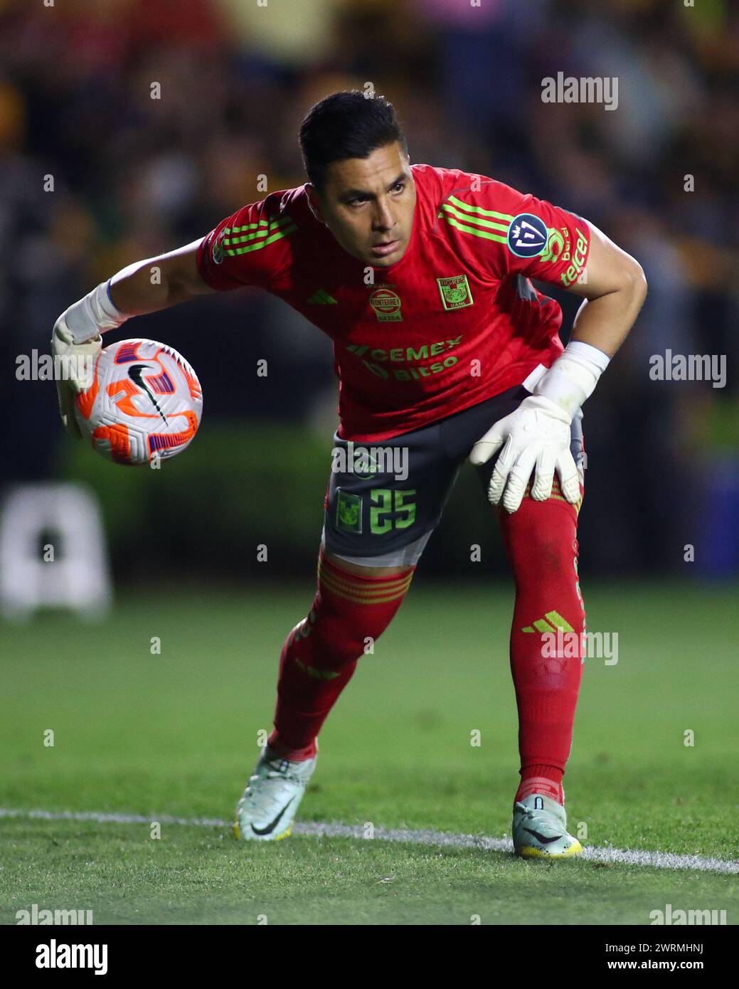 Monterrey, Mexico. 12th Mar, 2024. MONTERREY, MEXICO - MARCH 12TH 2024: CONCACAF Champions Cup second leg round of 16 match between UANL Tigres and Orlando City SC at Estádio Universitário. #25 Goalkeeper Tigres, Felipe Rodríguez throw out the ball. Mandatory Credit: Toby Tande/PXImages Credit: Px Images/Alamy Live News Stock Photo